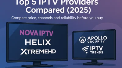 Top 5 IPTV providers compared 2025 banner showing logos of NovaIPTV, Helix,
