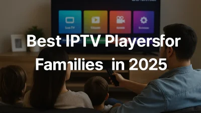 Family watching IPTV together on a smart TV interface – Best IPTV players for families in 2025