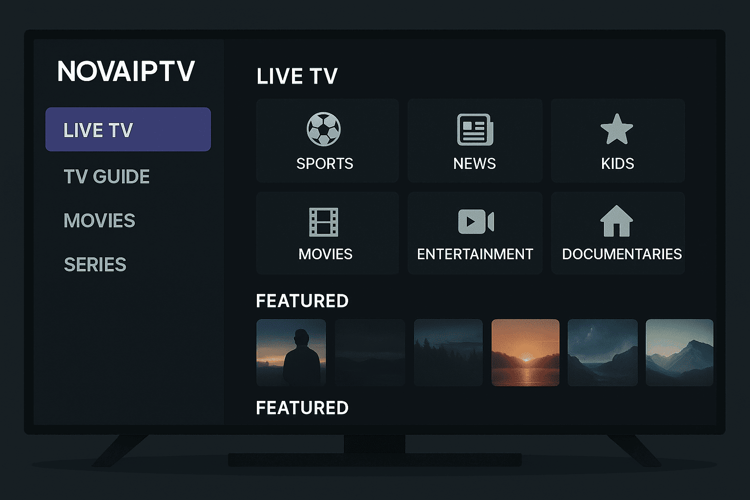 Screenshot of modern IPTV interface showing channel categories and on-demand library